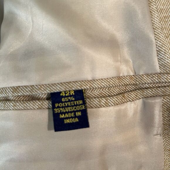 Club Room Herringbone Blazer Sport Coat Elbow Patch Mens 42R Tan Academia - Picture 12 of 13